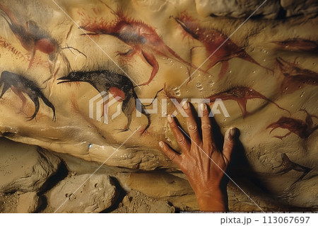 cave painting, the hand of an indigenous person touches an ancient stone with mysterious creatures depicted on it 113067697