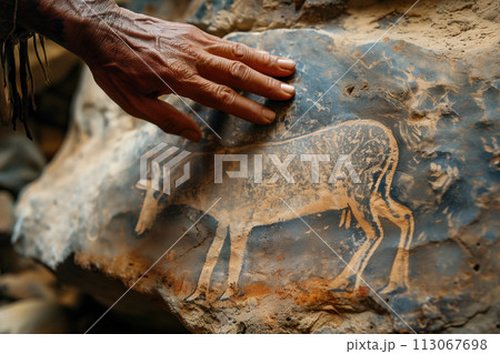 cave painting, the hand of an indigenous person touches an ancient stone with animals depicted on it 113067698