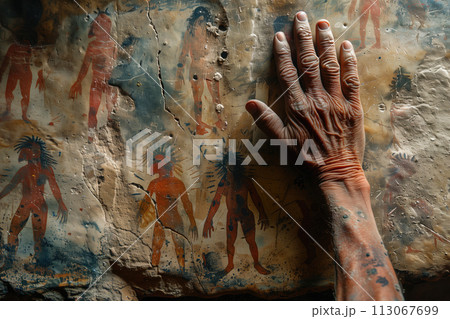 cave painting, the hand of an indigenous person touches an ancient stone with human figures depicted on it 113067699