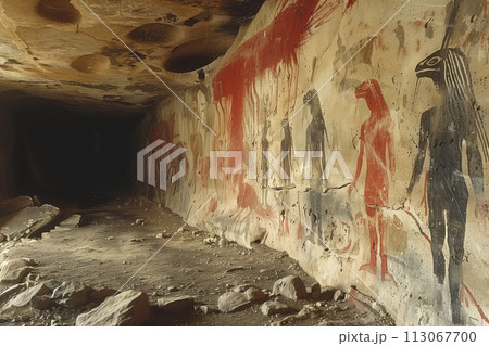 cave painting, natural rock wall with strange figures painted 113067700