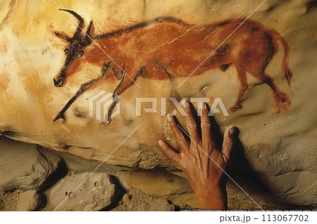 cave painting, the hand of an indigenous person touches an ancient stone with animals depicted on it 113067702