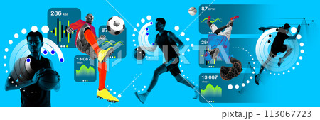 Male athletes of different sports in motion, training on blue background with digital tracking app element. Contemporary art collage. Male athletes of different sports in motion, training on blue background with digital tracking app element. Contemporary art collage. 113067723