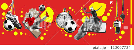 Athletes with antique statue busts, basketball and football players in motion on red background with sport equipment elements. Contemporary art collage. 113067724