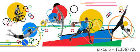 Motivated athletes of different sports in motion, training on light background with colorful geometric elements. Contemporary art collage. 113067726