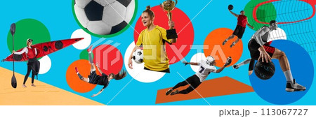 Male and female athletes of various sports in motion on blue background with multicolored abstract geometric elements. Contemporary art collage. 113067727