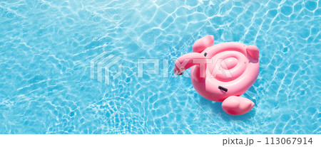 Pink flamingo inflatable ring in sunny pool Pink flamingo inflatable ring in sunny pool 113067914