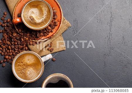 Roasted coffee beans and espresso coffee cup 113068085
