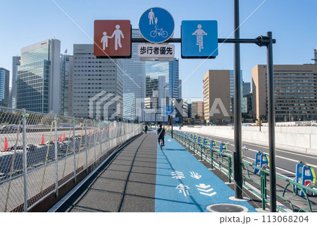 歩道に設置された自転車用レーン 113068204