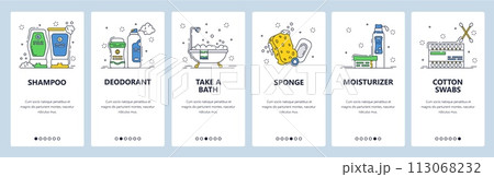 Body care and hygiene icons set. Bathtub, shampoo and deodorant bottles, sponge. Mobile app screens. Vector banner template for website and mobile development. Web site design illustration Body care and hygiene icons set. Bathtub, shampoo and deodorant bottles, sponge. Mobile app screens. Vector banner template for website and mobile development. Web site design illustration 113068232