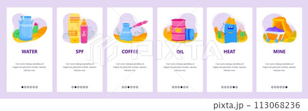 Desert icons set. Water, sunblock cream, arabic coffee in turk, oil barrel, heat. Mobile app screens. Vector banner template for website and mobile development. Web site design illustration 113068236