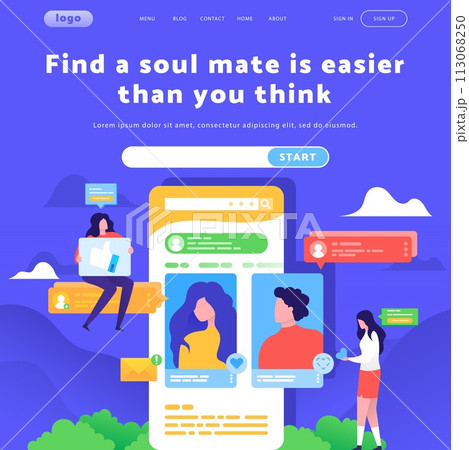 Vector web site design template. Online dating profile and chat messaging. Landing page concepts for website mobile development. Modern flat illustration 113068250