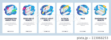 Mobile app onboarding screens. Health information and patient medical records, drugs and online pharmacy. Vector banner template for website and mobile development. Web site design flat illustration 113068253