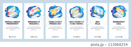 Mobile app onboarding screens. Motherhood and pregnancy, online pharmacy, emergency call. Menu vector banner template for website and mobile development. Web site design flat illustration 113068254