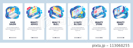 Mobile app onboarding screens. Beauty blog and cosmetic online store, haircut salon. Menu vector banner template for website and mobile development. Web site design flat illustration 113068255