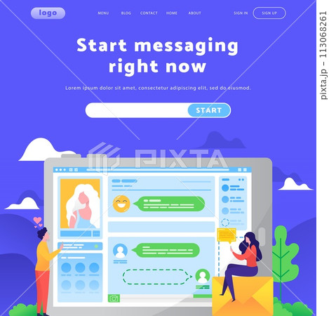 Vector web site design template. Online dating and messaging app. Landing page concepts for website mobile development. Modern flat illustration 113068261