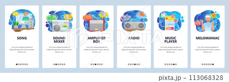 Mobile app onboarding screens. Sound and audio equipment, mixer, amplifier, cassette recorder, music player. Vector banner template for website and mobile development. Web site design illustration Mobile app onboarding screens. Sound and audio equipment, mixer, amplifier, cassette recorder, music player. Vector banner template for website and mobile development. Web site design illustration 113068328