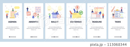 Mobile app onboarding screens. Yes and No hand gesture, ballot, project deadline, to do list. Menu vector banner template for website and mobile development. Web site design flat illustration Mobile app onboarding screens. Yes and No hand gesture, ballot, project deadline, to do list. Menu vector banner template for website and mobile development. Web site design flat illustration 113068344