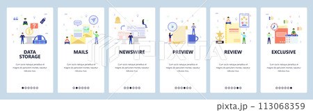 Mobile app onboarding screens. Data storage, technology, email, news. Menu vector banner template for website and mobile development. Web site design flat illustration 113068359