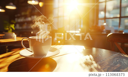 a cup of hot coffee on the table in a stylish cafe, the sun is shining 113068373
