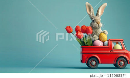 bunny in a red truck is carrying bouquet of tulips and eggs, blue background, Easter greeting card with copy space 113068374