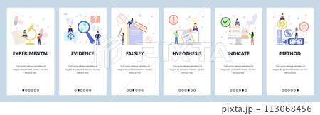 Mobile app onboarding screens. Hardware tools, search evidence, pharma science research. Menu vector banner template for website and mobile development. Web site design flat illustration 113068456