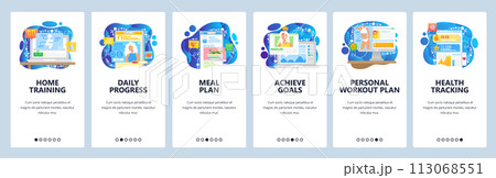 Healthcare mobile app, sport training, diet and personal goals. Mobile app onboarding screens. Menu vector banner template for website and mobile development. Web site design flat illustration 113068551