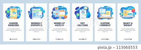 Workout and fitness mobile phone app, exercise plan, statistics and history. Mobile app onboarding screens. Menu vector banner template for website and development. Web site design flat illustration Workout and fitness mobile phone app, exercise plan, statistics and history. Mobile app onboarding screens. Menu vector banner template for website and development. Web site design flat illustration 113068553