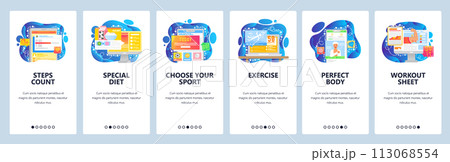 Fitness tracker app, sport wearable mobile gadget, online training plan. Mobile app onboarding screens. Menu vector banner template for website and development. Web site design flat illustration 113068554