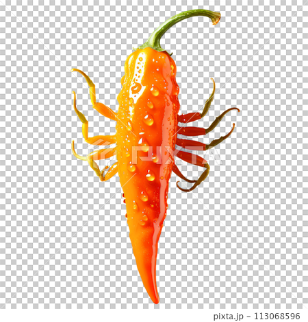 A close-up shot of a single orange scorpion pepper, with water droplets clinging to its surface, 113068596