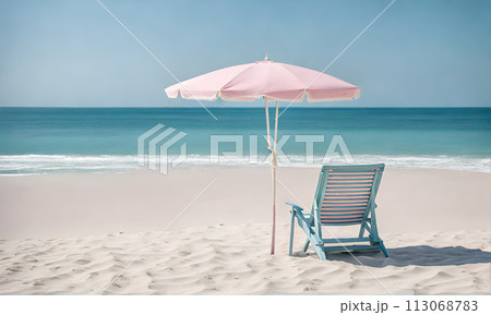 Single Beach Umbrella Casting Long Shadow Over Pristine White Sand Single Beach Umbrella Casting Long Shadow Over Pristine White Sand 113068783