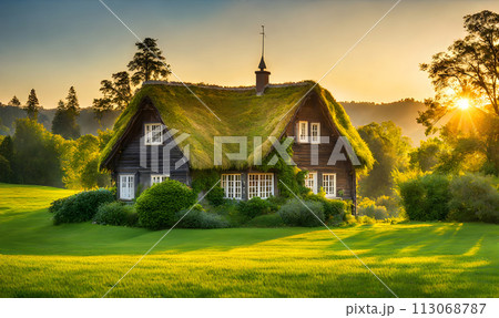 Green grass in the foreground of a wide meadow, country house in the background Green grass in the foreground of a wide meadow, country house in the background 113068787