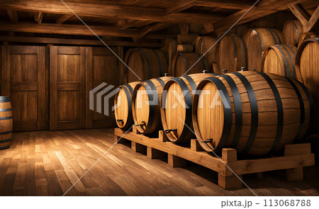 Rustic wooden storage with wine barrels Rustic wooden storage with wine barrels 113068788