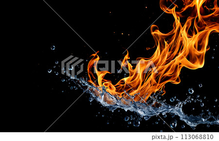 Fiery flames meet cool splashing water 113068810