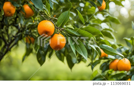 Abundant orange tree with ripe oranges in focus foreground, garden setting background Abundant orange tree with ripe oranges in focus foreground, garden setting background 113069031