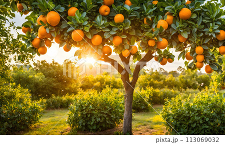 Abundant orange tree with ripe oranges in focus foreground, garden setting background 113069032