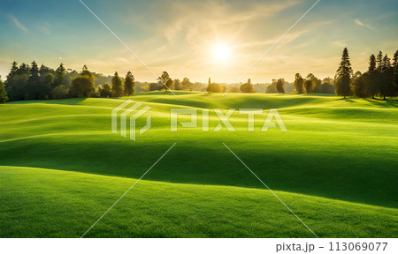 Wide lawn trimmed with precision under a blue sunny sky Wide lawn trimmed with precision under a blue sunny sky 113069077