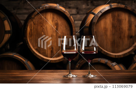 Rustic wooden table with wine glasses 113069079