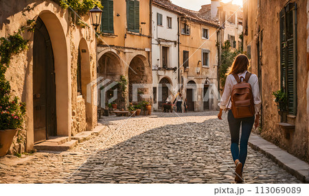 Girl with backpack walking on cobblestone street 113069089