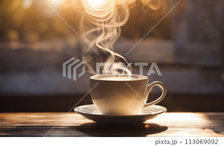 Morning coffee in rustic setting 113069092