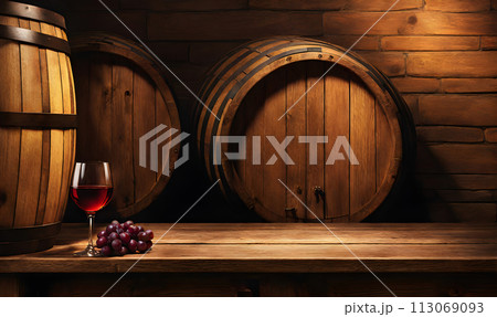 Rustic wooden table with wine glass 113069093