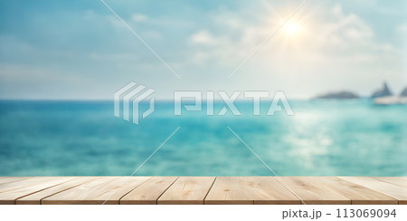 Empty Wooden Table with Sunny Sea 113069094