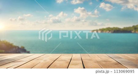 Empty Wooden Table with Sunny Sea 113069095
