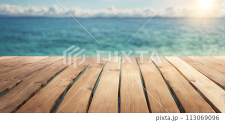 Empty Wooden Table with Sunny Sea 113069096
