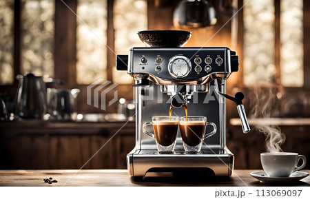 Espresso machine pouring rich shot into demitasse 113069097