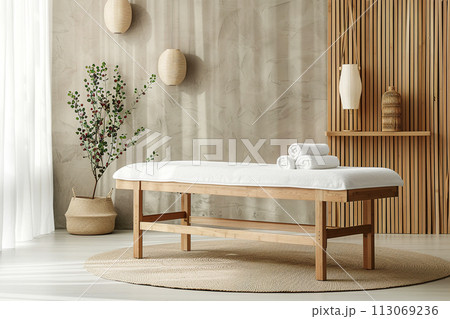 Interior of comfortable room with massage table in scandinavian style 113069236