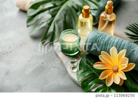 Spa treatment accessories, towels and oil bottles on grey background 113069250
