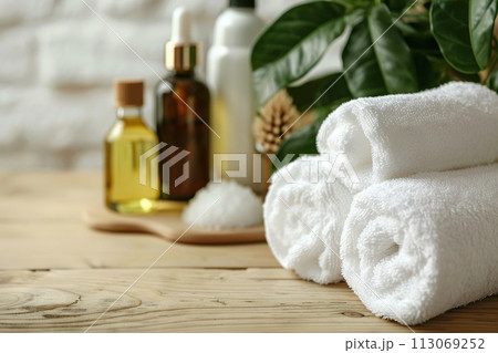Spa treatment accessories, towels and oil bottles on wooden background Spa treatment accessories, towels and oil bottles on wooden background 113069252