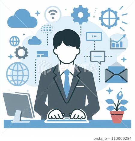 会社で椅子に座ってパソコンをしている男性 113069284