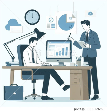 会社で椅子に座ってパソコンをしている男性 会社で椅子に座ってパソコンをしている男性 113069286