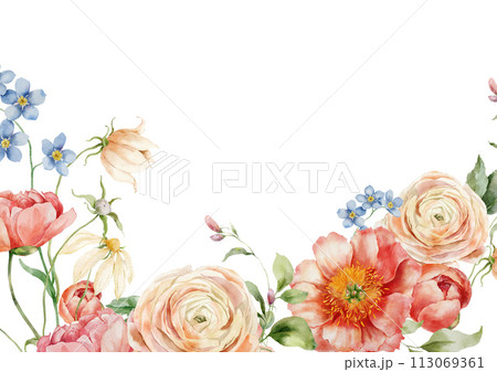 Watercolor floral card of peony, ranunculus, forget-me-not and leaves. Hand painted composition of elements isolated on white background. Holiday flowers Illustration for design, print background. 113069361
